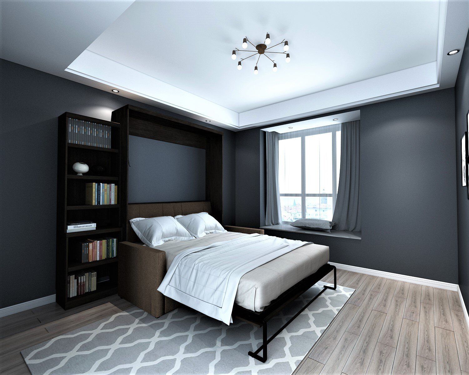 Murphy Bed Brookfield Murphy Open with Bookcase and Sofa Noir at Irvine Murphy Beds Orange County Ca 949-510-9382