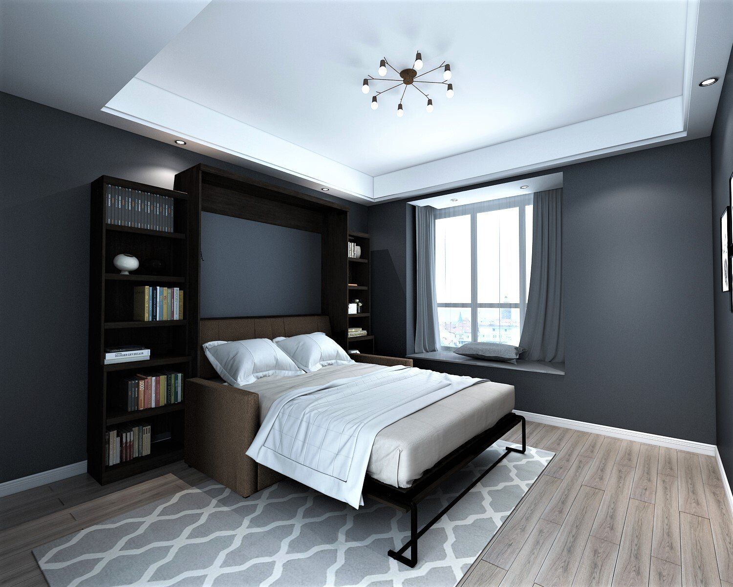 Murphy Bed Brookfield Murphy Open with Bookcases and Sofa Noir at Irvine Murphy Beds Orange County Ca 949-510-9382