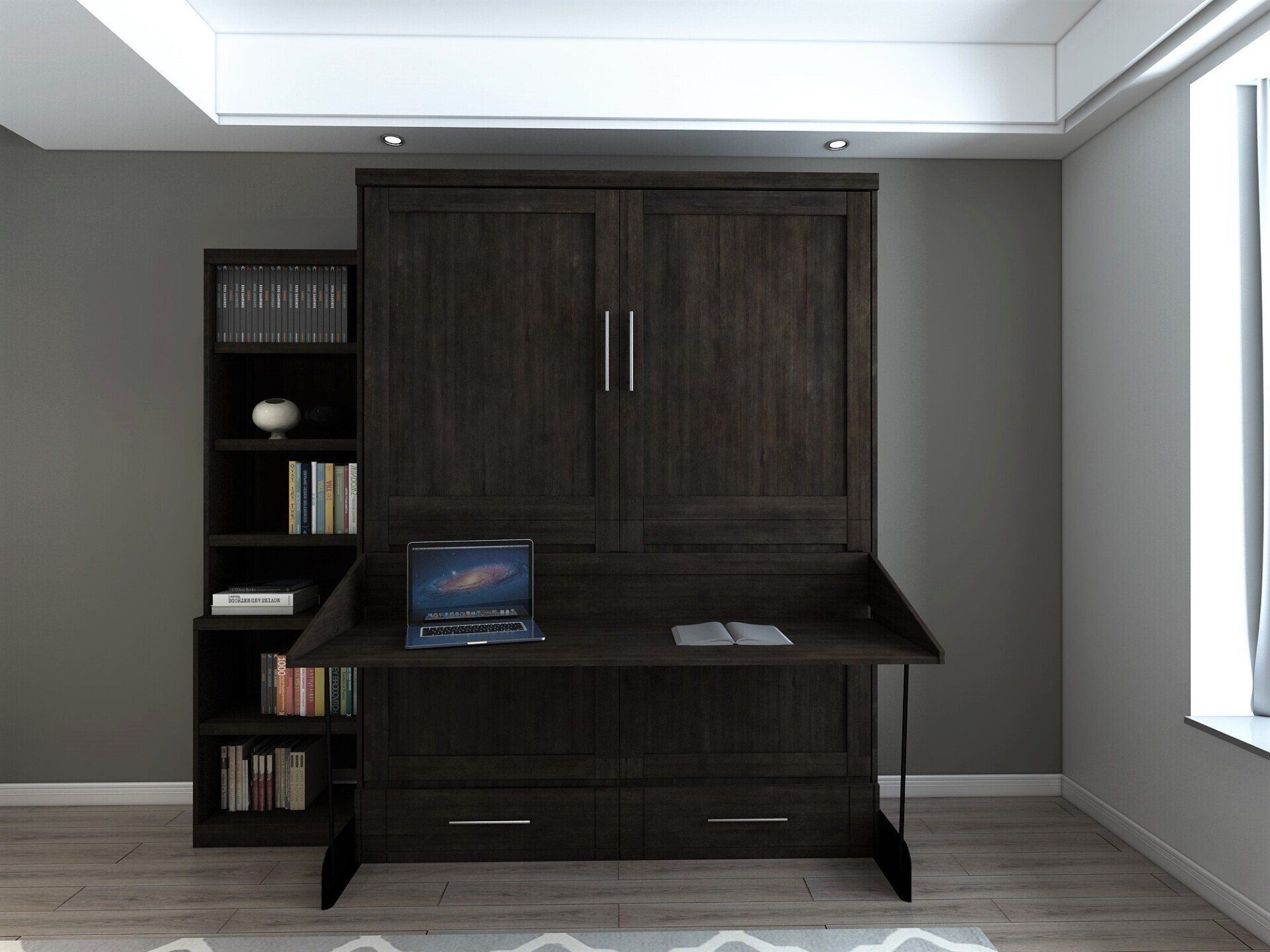 Murphy Bed Brookfield Murphy Deskbed closed with Bookcase Noir at Irvine Murphy Beds Orange County Ca 949-510-9382