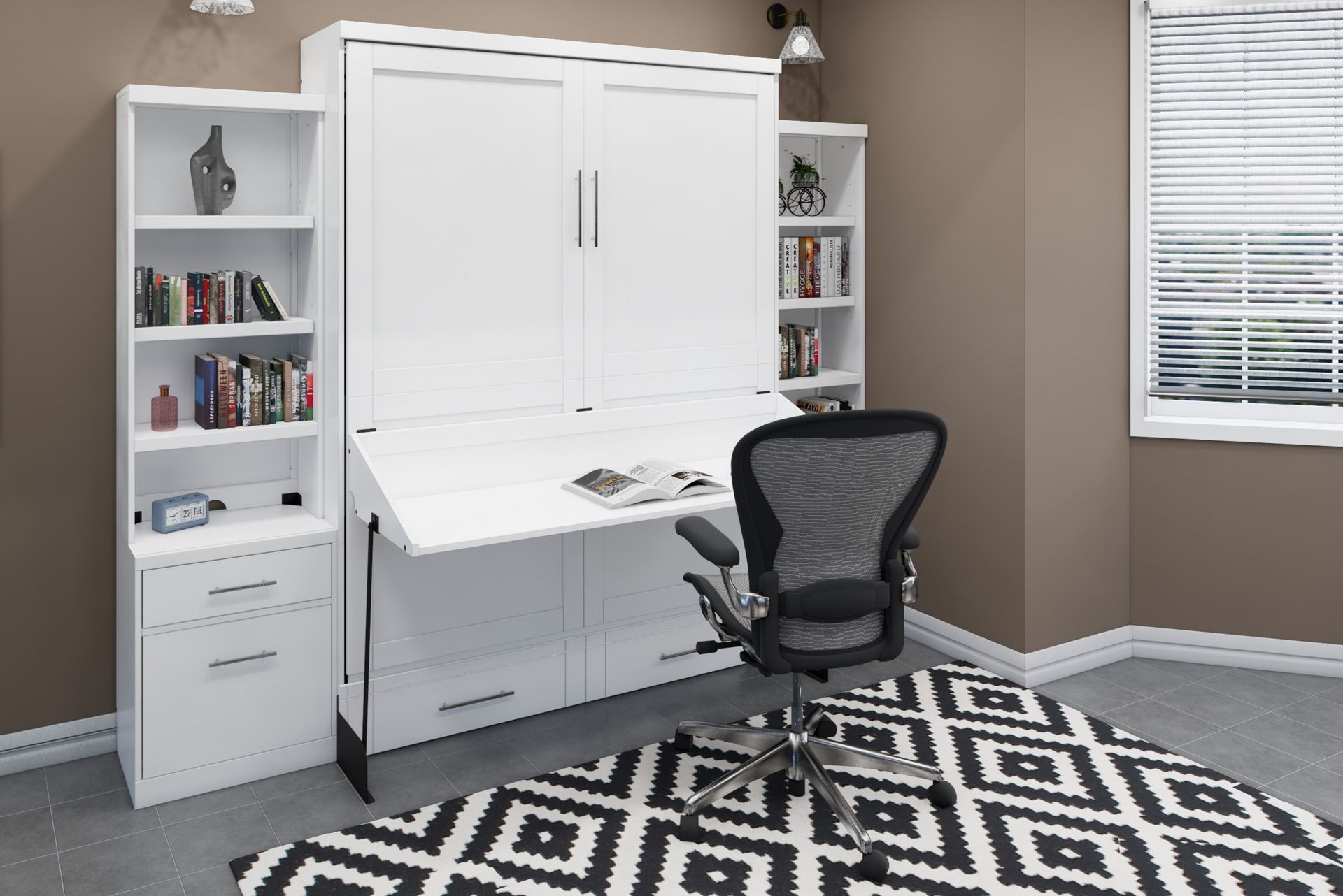 Brookfields White Murphy Bed Desk with 2 Piers Murphy Bed Home Office Desk Bed Solutions at Irvine Murphy Beds  and Wall beds (949) 510-9382