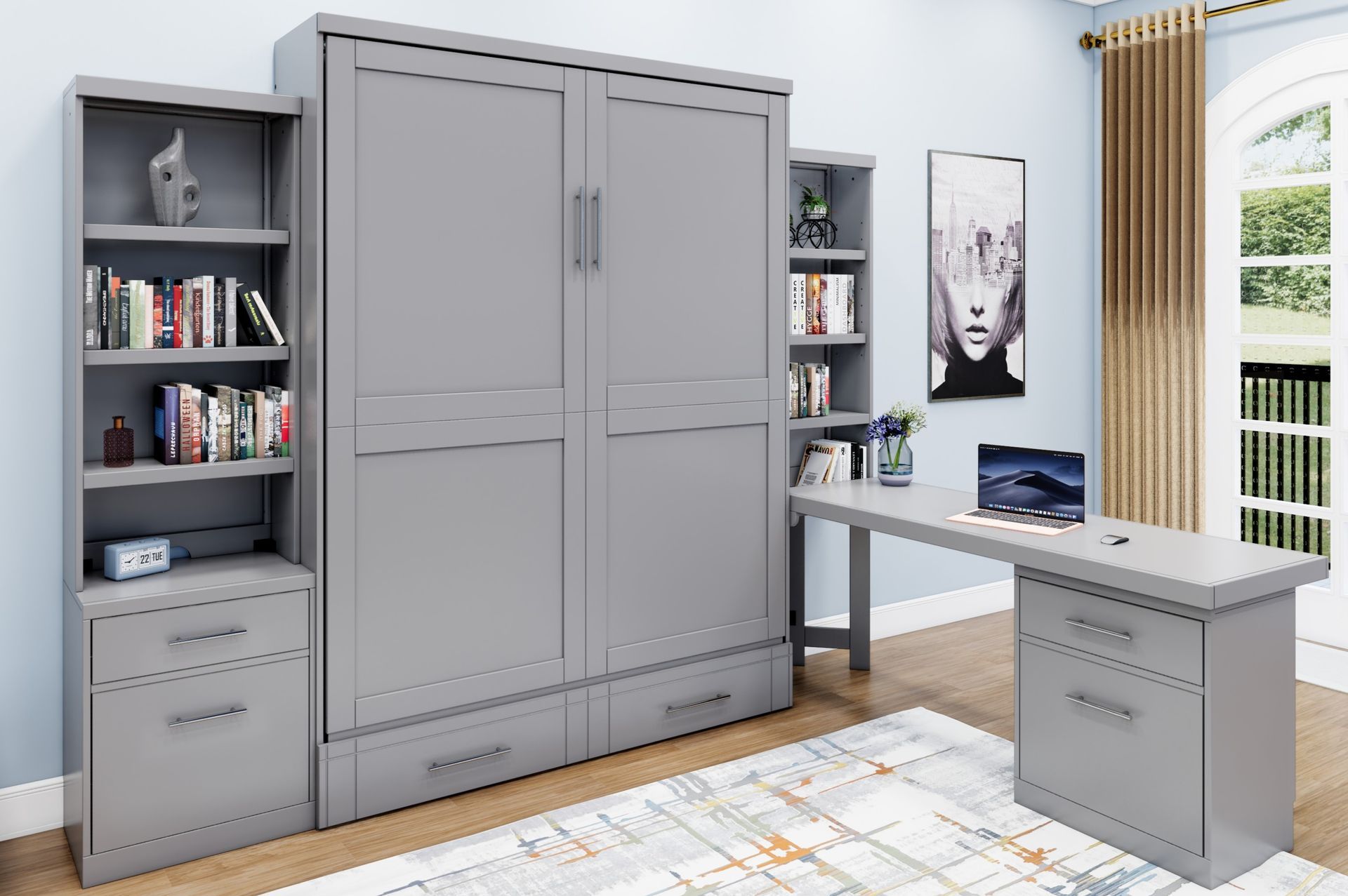Brookfields Gray Murphy Desk Bed with Side Desk and Pier Murphy Bed Home Office Desk Bed Solutions at Irvine Murphy Beds  and Wall beds (949) 510-9382