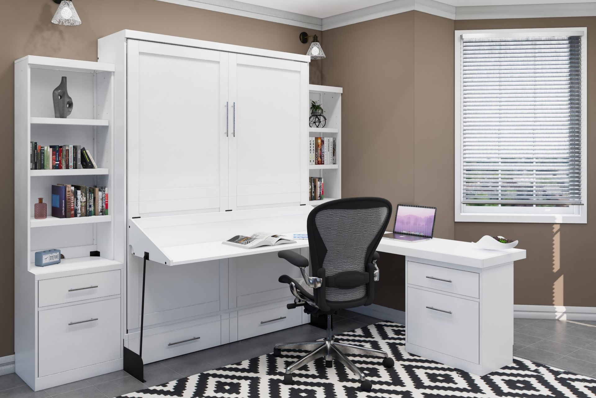 Brookfields White Murphy Bed Desk with Side Desk and Pier Murphy Bed Home Office Desk Bed Solutions at Irvine Murphy Beds  and Wall beds (949) 510-9382