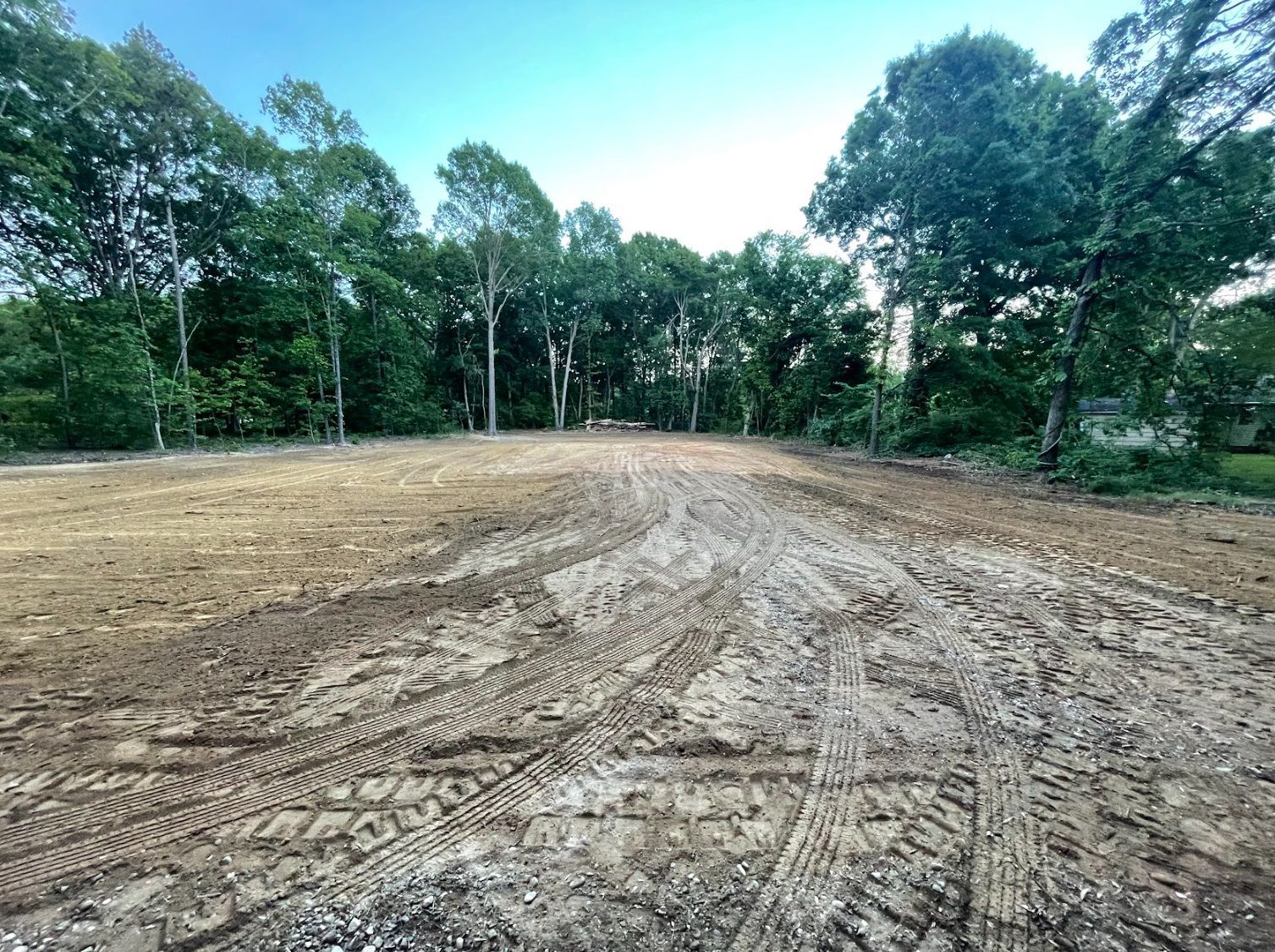 Cleared land with tire tracks in foreground, trees in background, overcast sky.