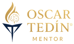 Logotipo: Antorcha dorada con cerebro, texto “OSCAR TEDÍN® Mentor” en dorado y azul.