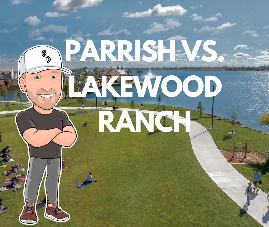Split aerial view comparing Parrish, FL’s open rural landscape to Lakewood Ranch, FL’s master-plan