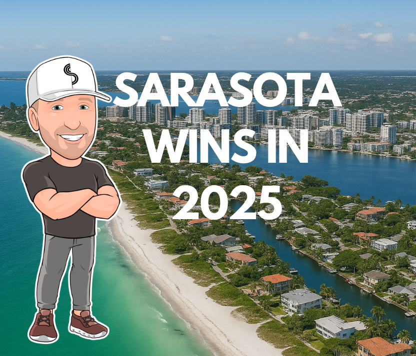 Aerial view of Sarasota coastline with beaches, neighborhoods, and downtown skyline