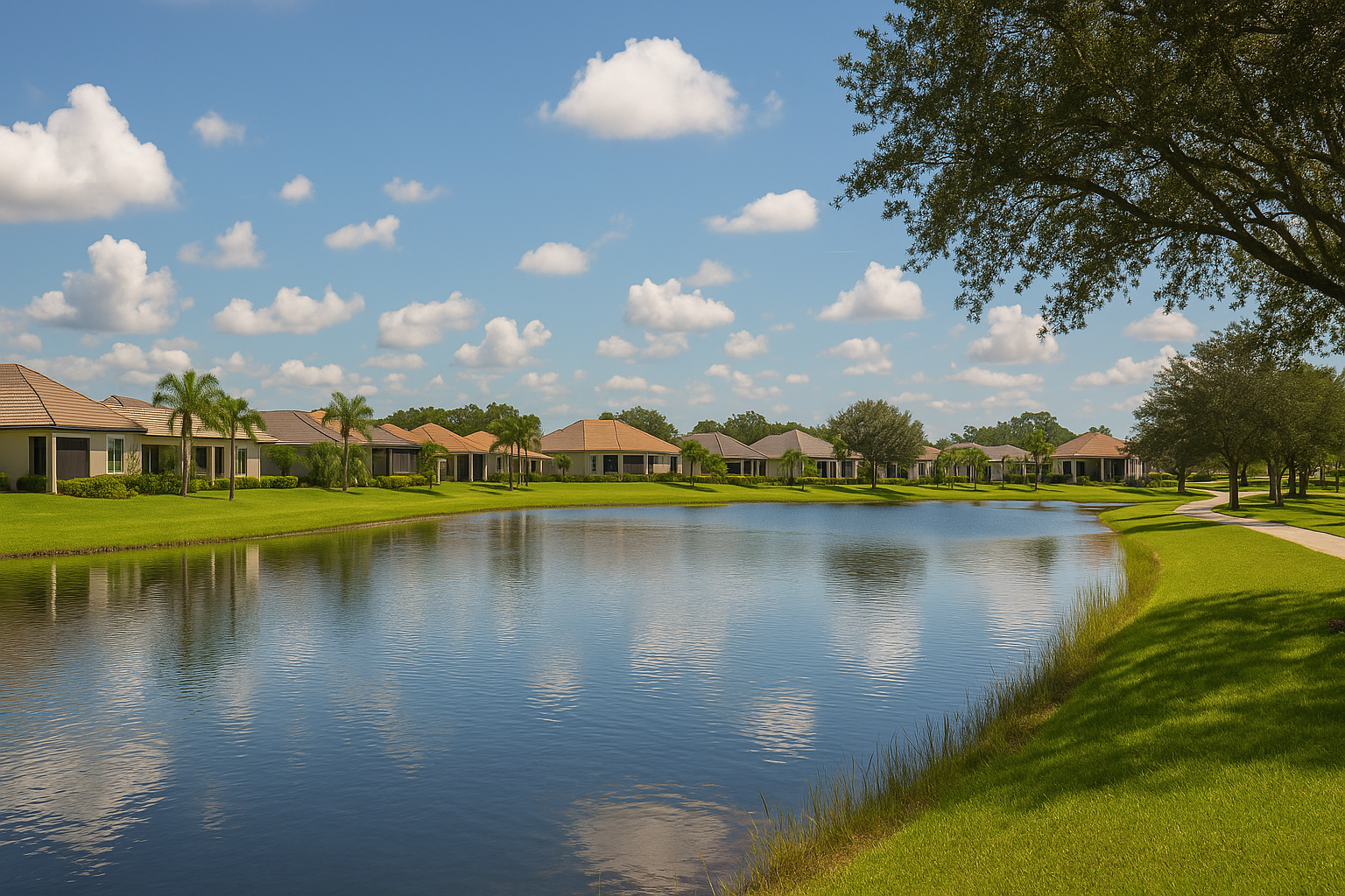 A thoughtfully designed suburban neighborhood featuring modern homes, landscaped streets.