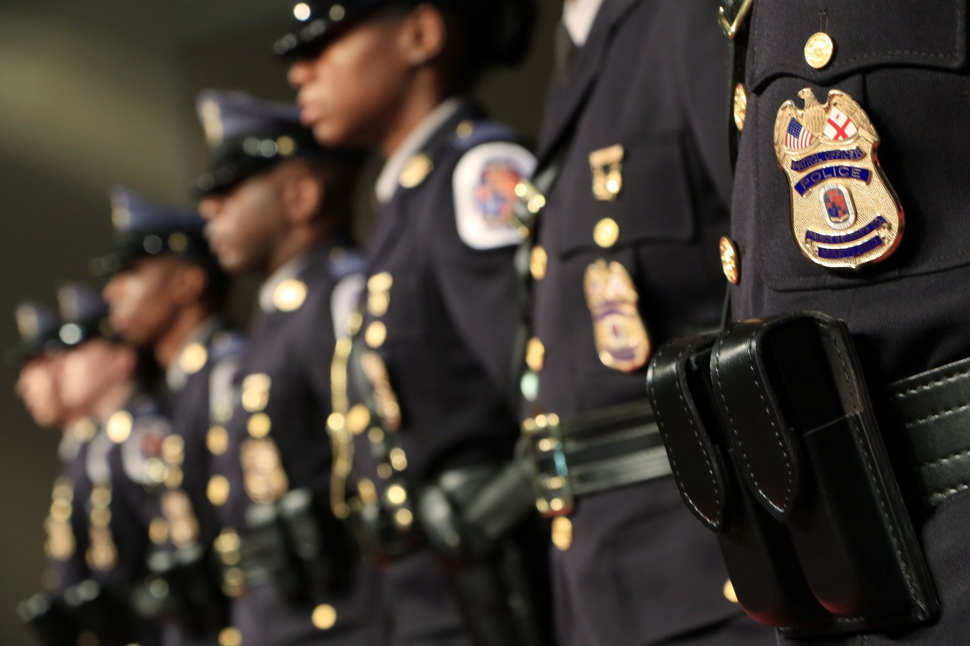 A line of uniformed law enforcement officers standing at attention in profile view, focusing on their badges and gear.