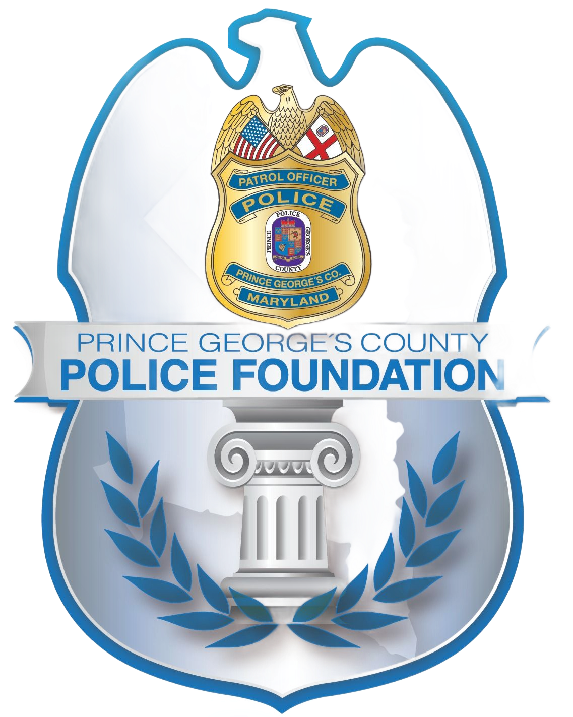 Logo of the Prince George’s County Police Foundation, featuring a gold police badge atop a column and laurel leaves.