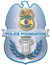 Logo for the Prince George’s County Police Foundation, featuring a gold police badge atop a column and laurel wreath.