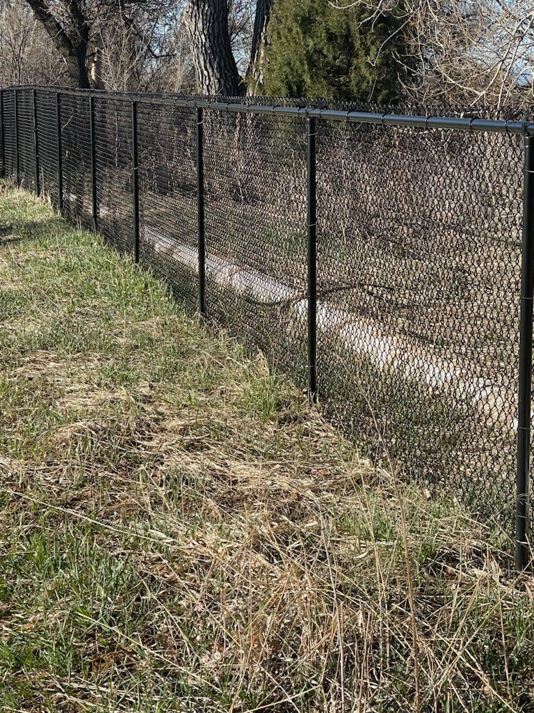 A chain link fence is surrounded by grass and trees.