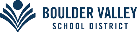 The logo for boulder valley school district is blue and white.