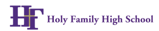 The logo for holy family high school is purple and white