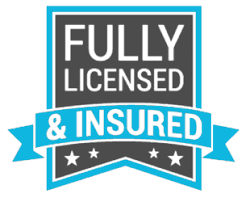 A fully licensed and insured logo with a blue ribbon.