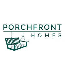 The logo for porchfront homes shows a porch swing hanging from the ceiling.