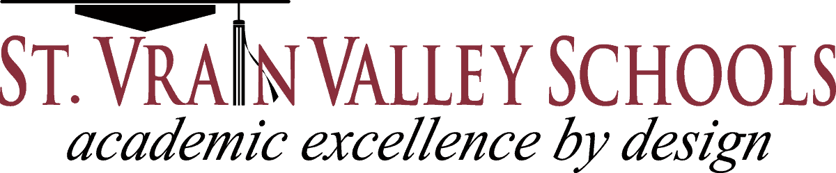The logo for st. vrain valley schools says academic excellence by design