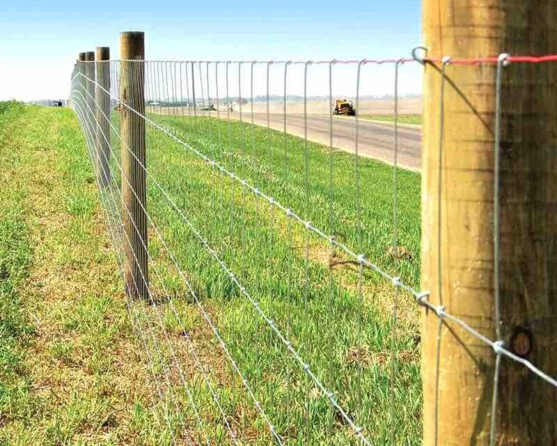 A wire fence is surrounding a grassy field next to a road.