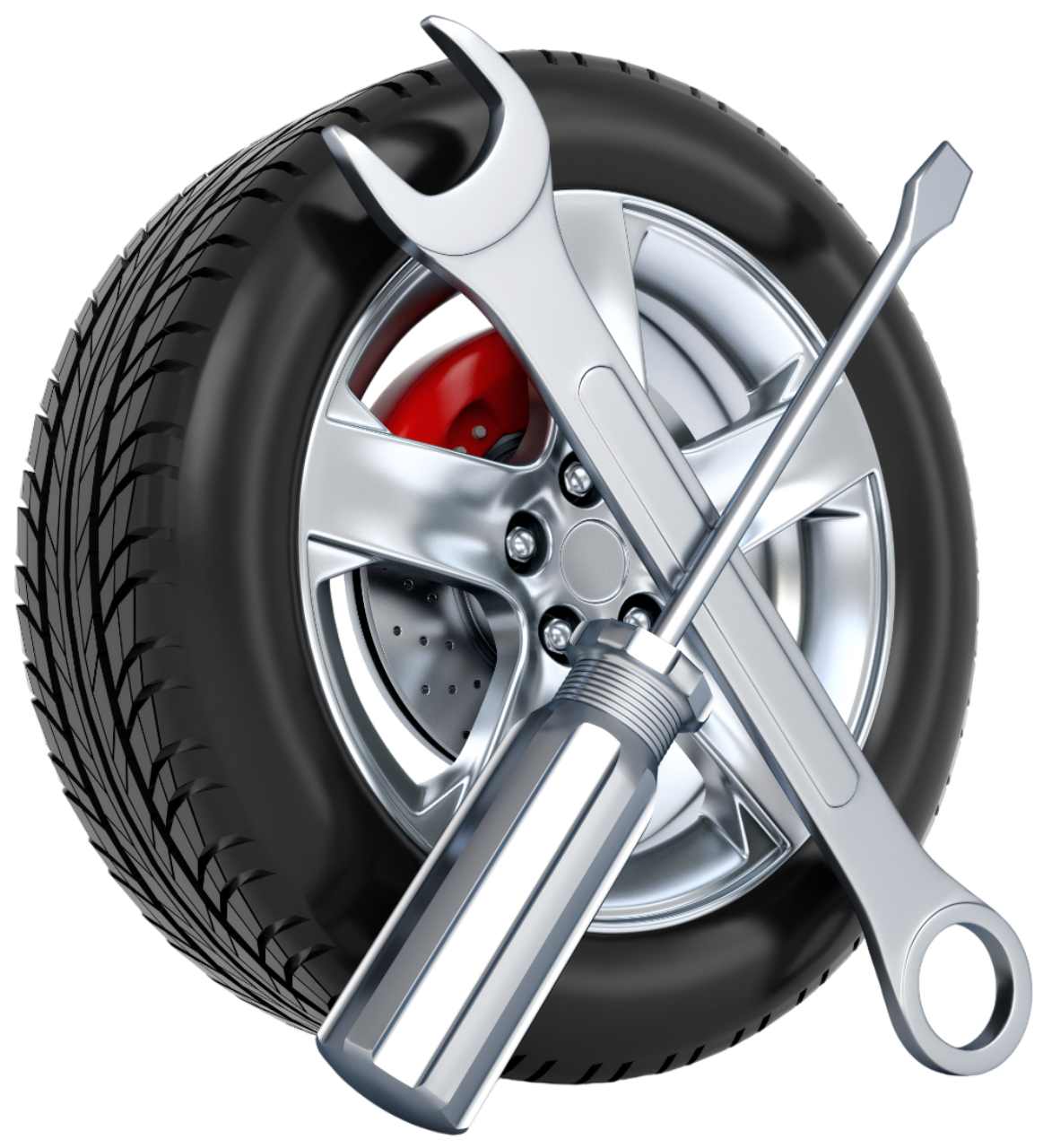 Tire with a wrench and screwdriver crossed over it