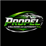 Logo for Propel Collision and Autobody Inc., featuring a speeding car and green and silver accents on black background.