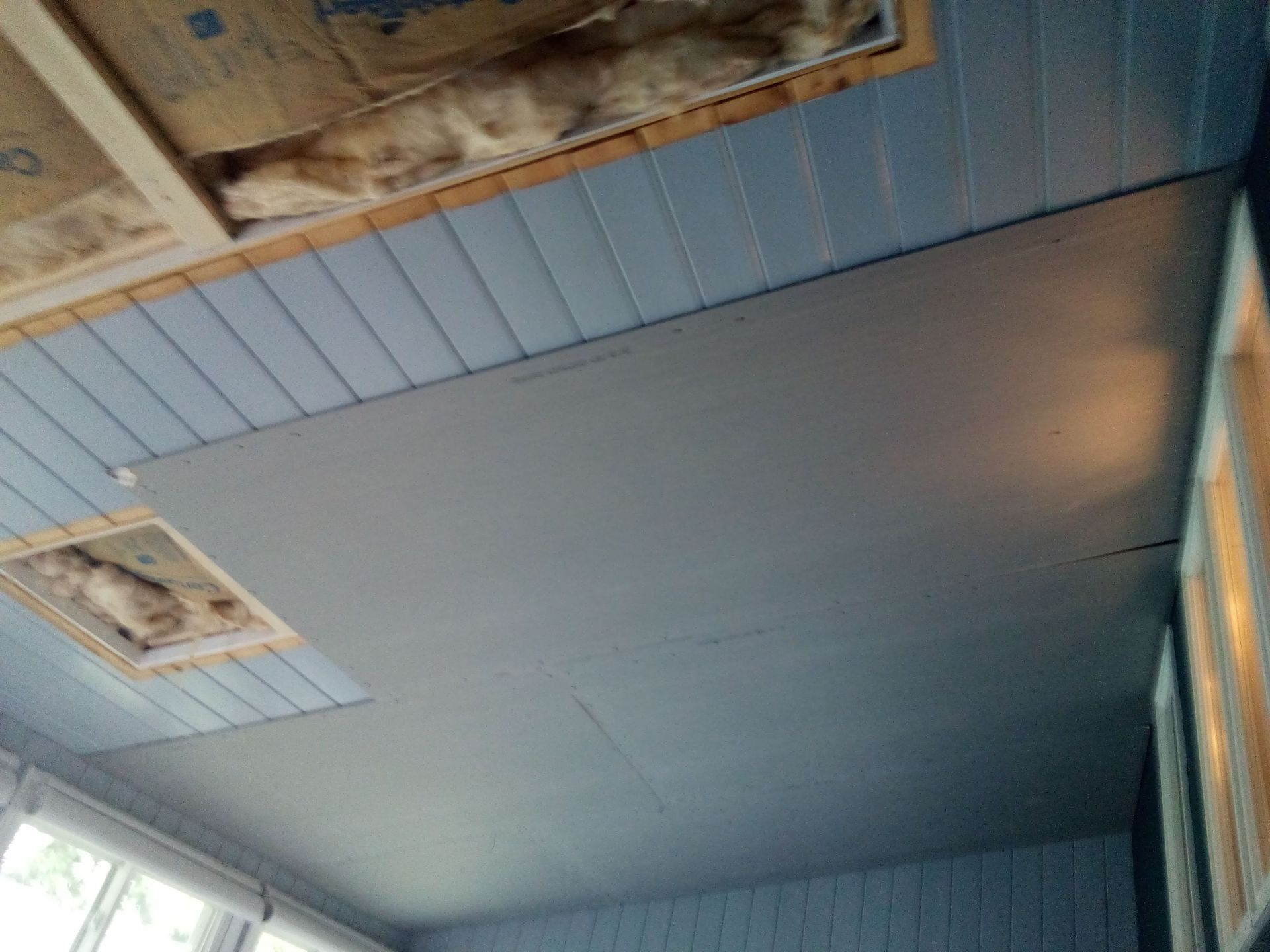 Ceiling with blue wooden panels and a large gray sheet. Two open areas reveal insulation.