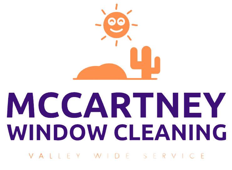 Logo: McCartney Window Cleaning, featuring a smiling sun, desert scene, purple text.