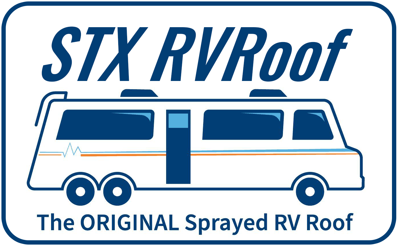 The logo for stx rvroof shows a rv with its doors open.