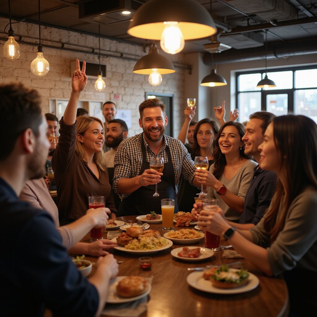 Group of people toasting drinks at a restaurant, smiling and celebrating. Overhead lights, food on the table.