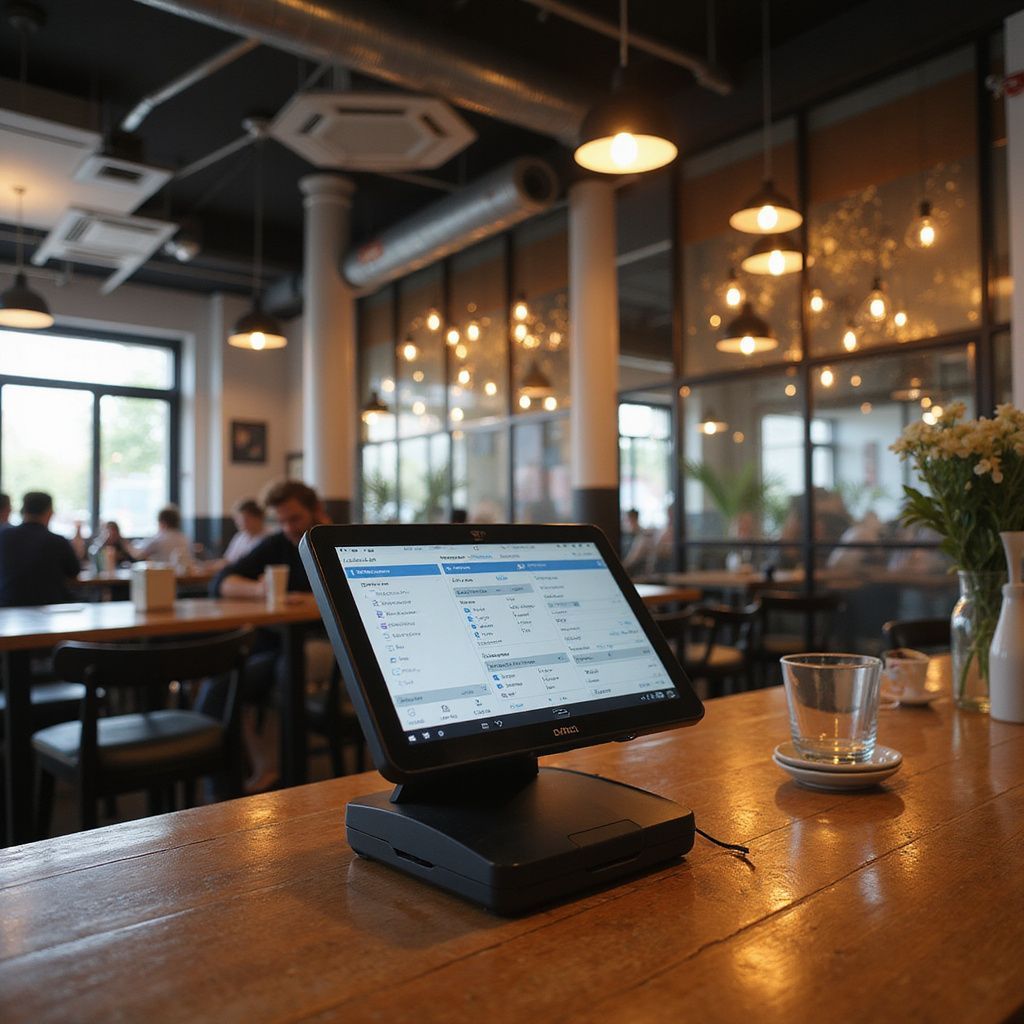 A point-of-sale system on a wooden counter inside a cafe; customers sit at tables in the background.