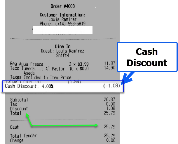 Cash Discount receipt showing the dollar value of the surcharge being discounted from the total