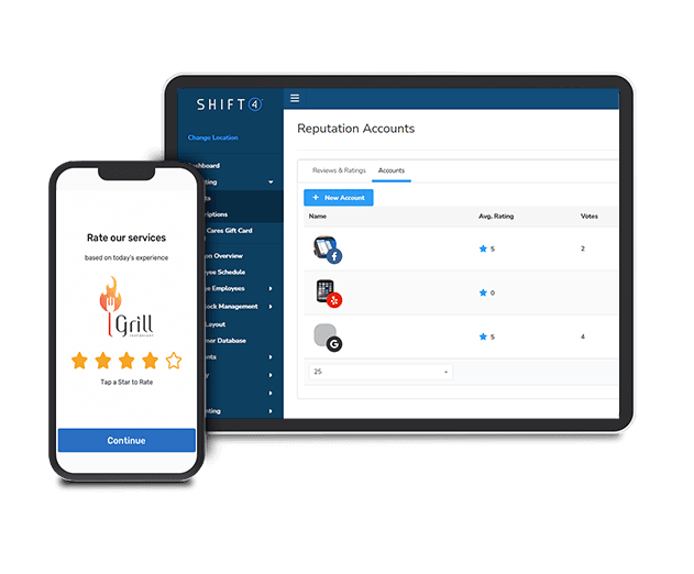 Tablet showing Reputation Accounts, mobile phone with I Grill rating screen.