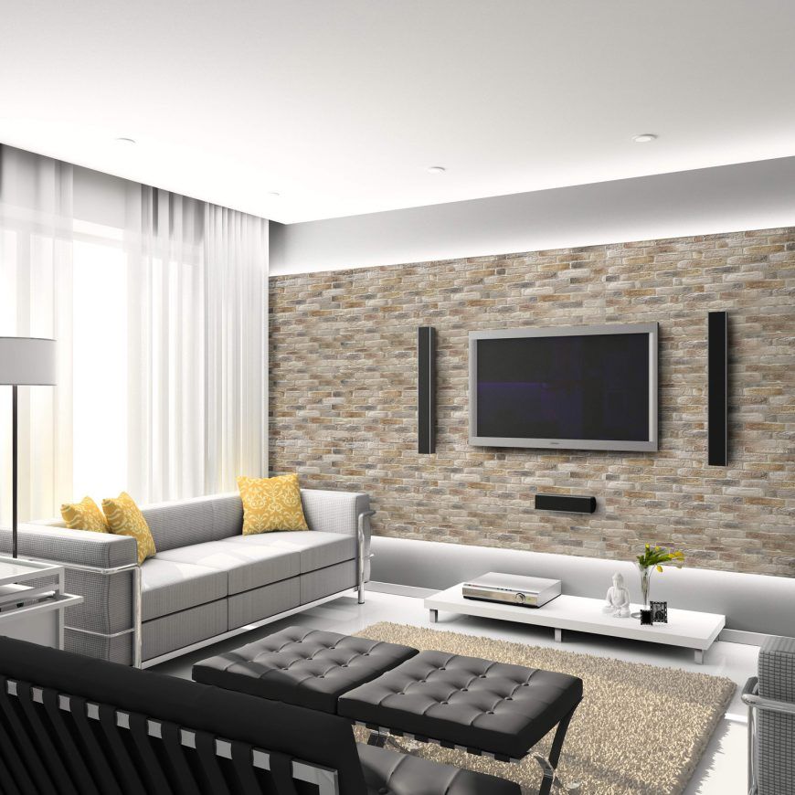 soggiorno moderno con parete in pietra naturale