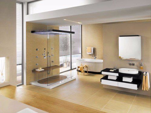 un bagno ampio con una cabina doccia con dentro delle mensole di legno e delle luci sul soffitto