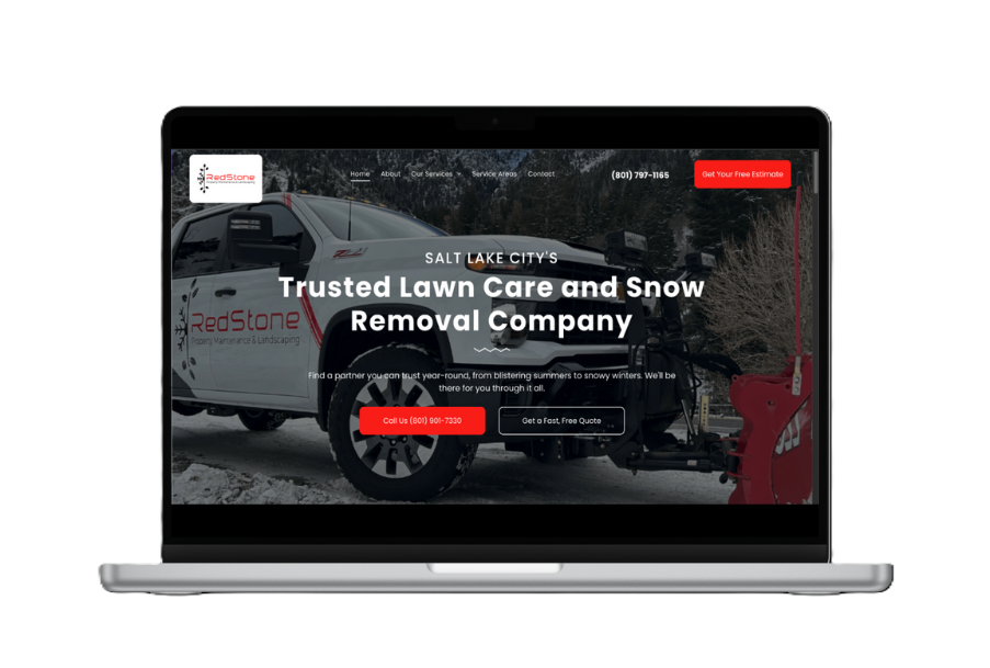 Laptop screen displaying a lawn care and snow removal company's website. A truck with a plow is prominent.