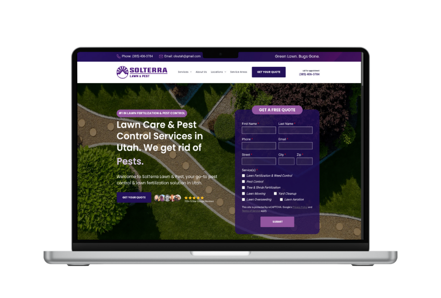 Laptop showing a website for a lawn care and pest control service. Purple and white color scheme.