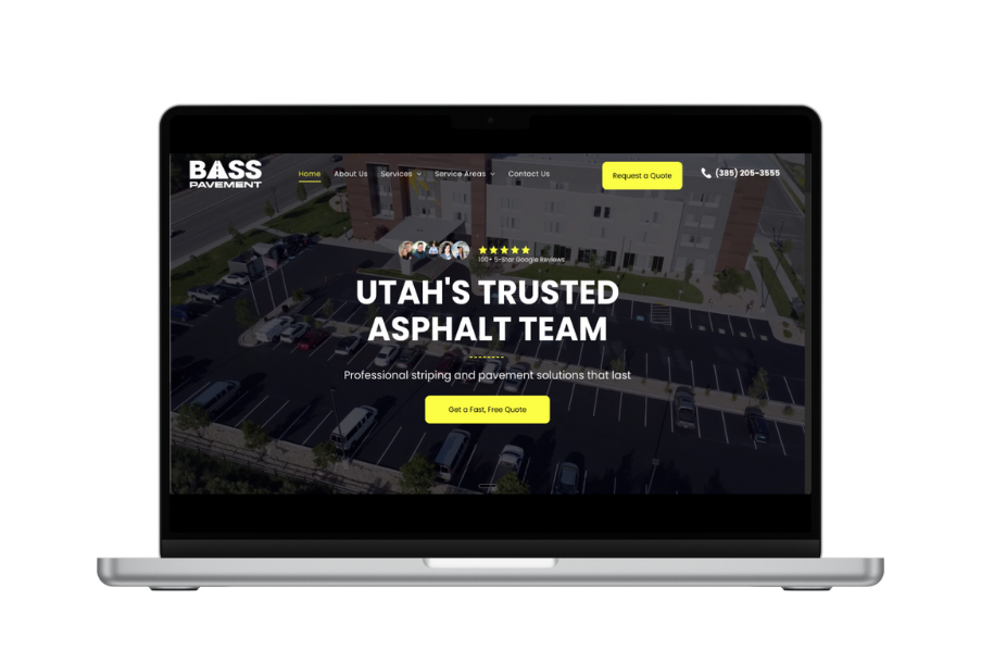Laptop displaying Bass Asphalt website homepage. Shows parking lot, text: Utah's Trusted Asphalt Team.