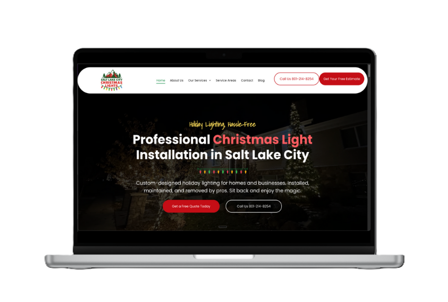 Laptop displaying a website for professional Christmas light installation in Salt Lake City.