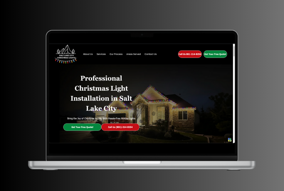 A laptop computer is open to a website for professional christmas light installation in salt lake city.