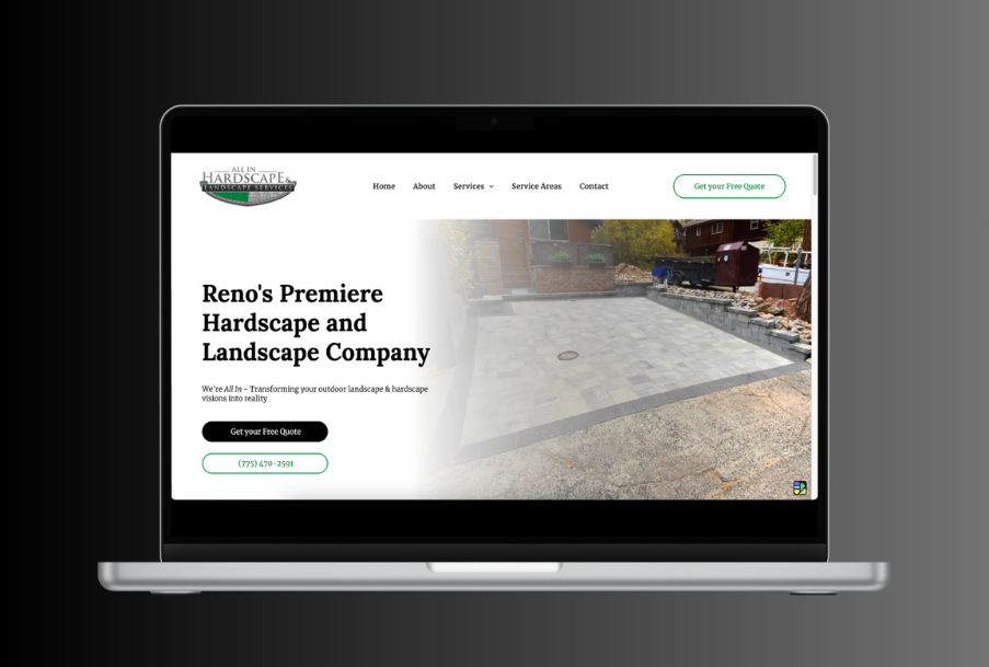 A laptop computer is open to a website for reno 's premiere hardscape and landscape company.
