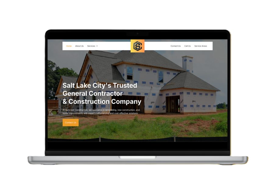 Laptop displaying a construction company website: a house under construction.
