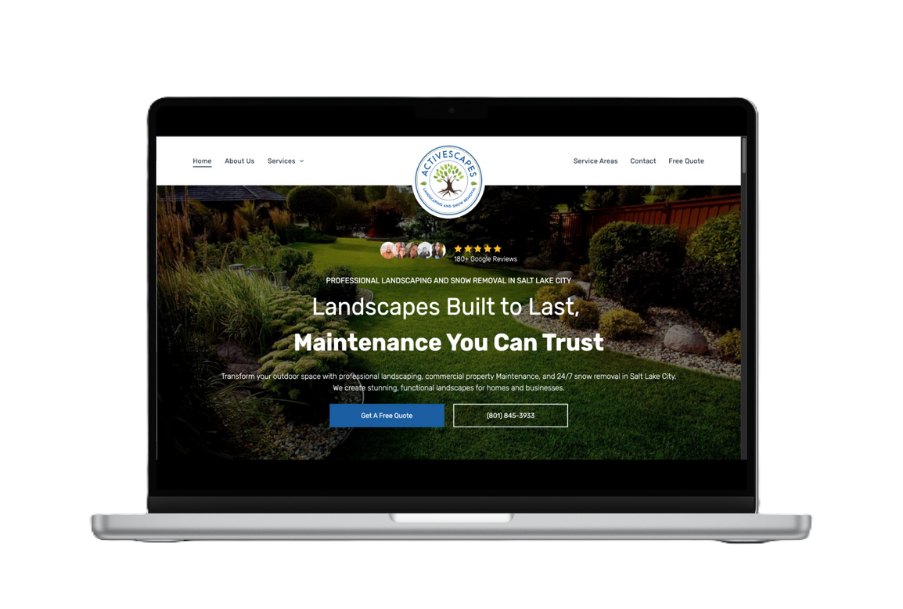 Laptop screen showing a landscaping website with a logo, text, and garden image.