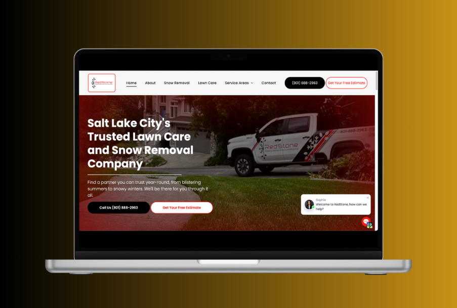 A laptop computer is open to a website for salt lake city 's trusted lawn care and snow removal company.
