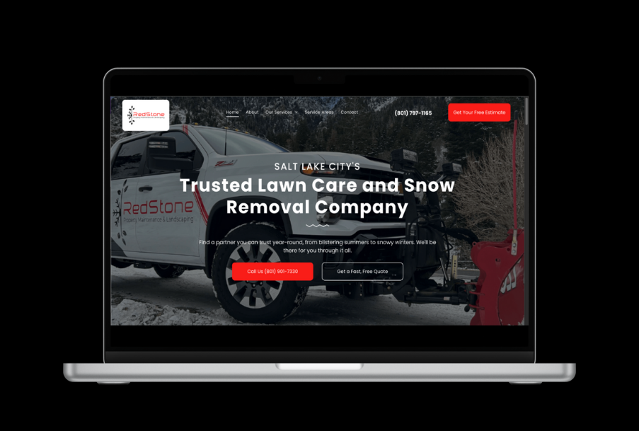 Laptop screen displays a lawn care and snow removal company's website, featuring a truck with a snowplow.