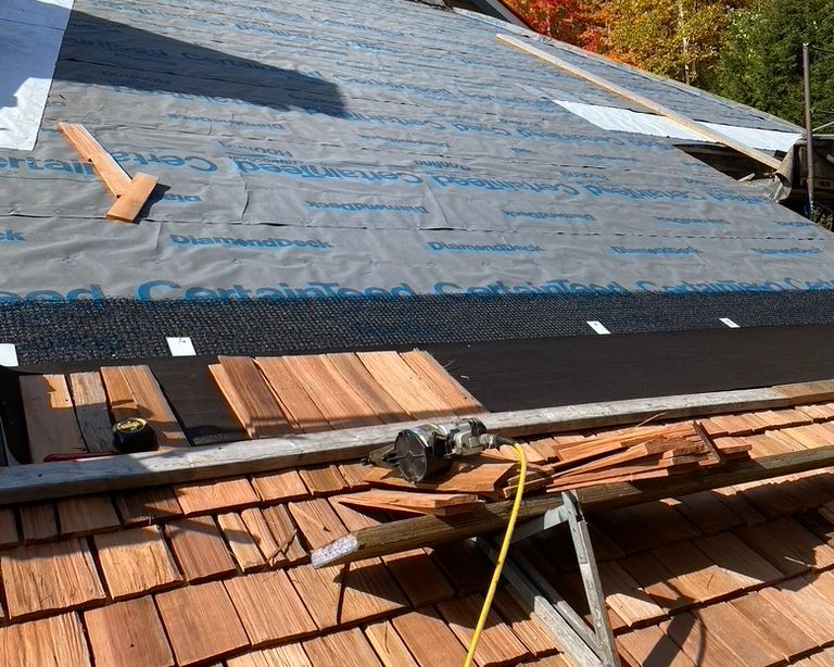 Cedar shingle installation on a Vermont home by Rodd Roofing