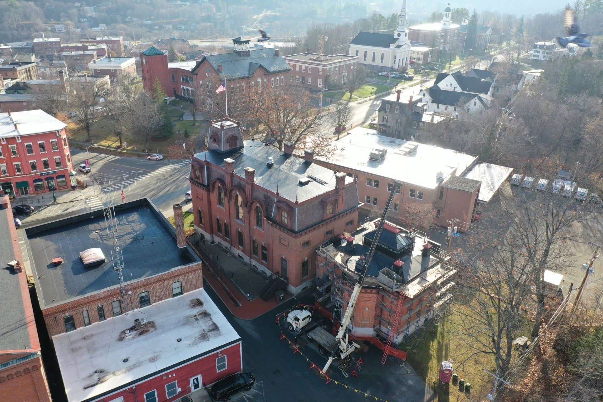 Overhead shot of roofs in St. Johnsbury, Vermont installed by Rodd Roofing