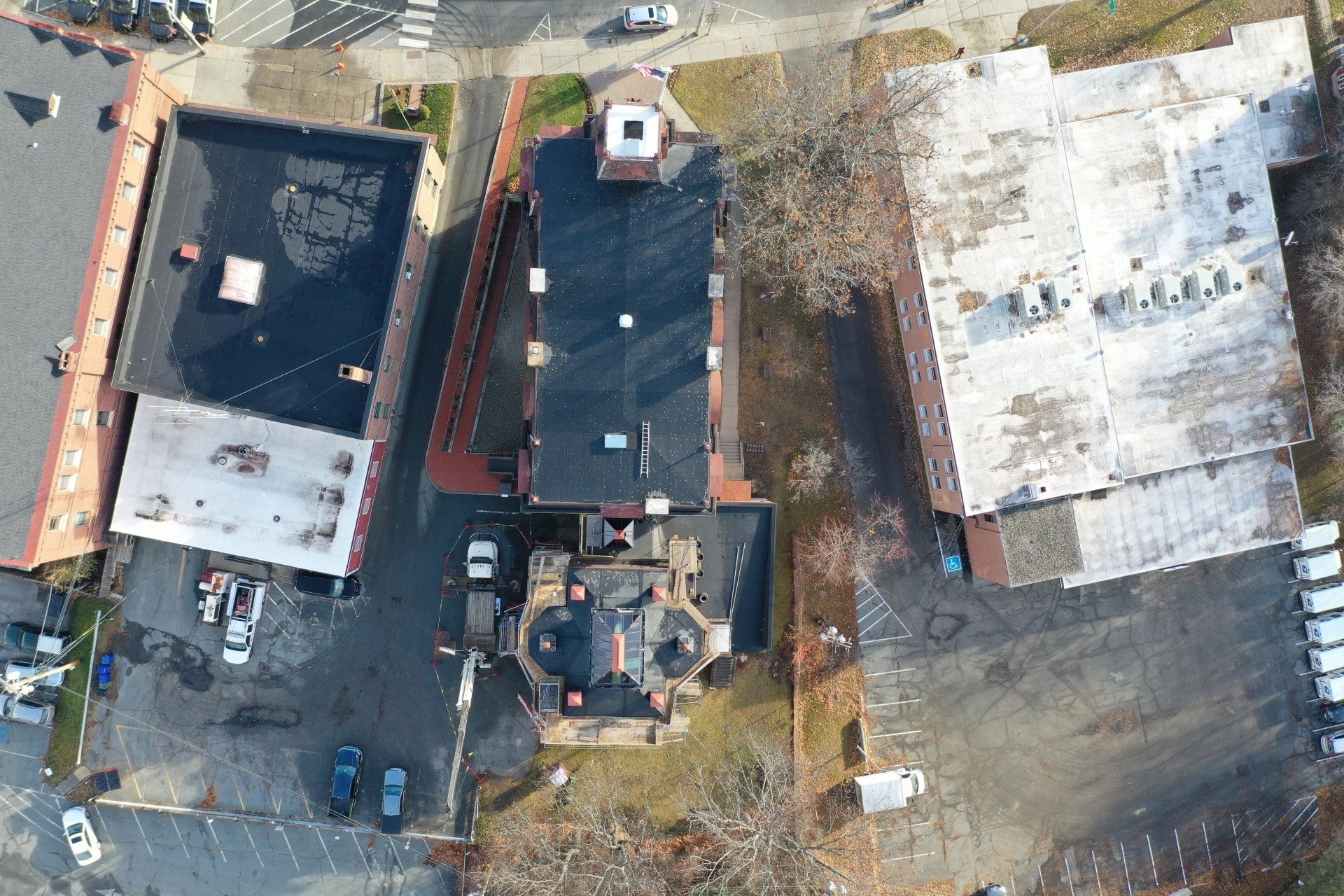 Rodd Roofing equipment and employees from an aerial view installing a single ply roof