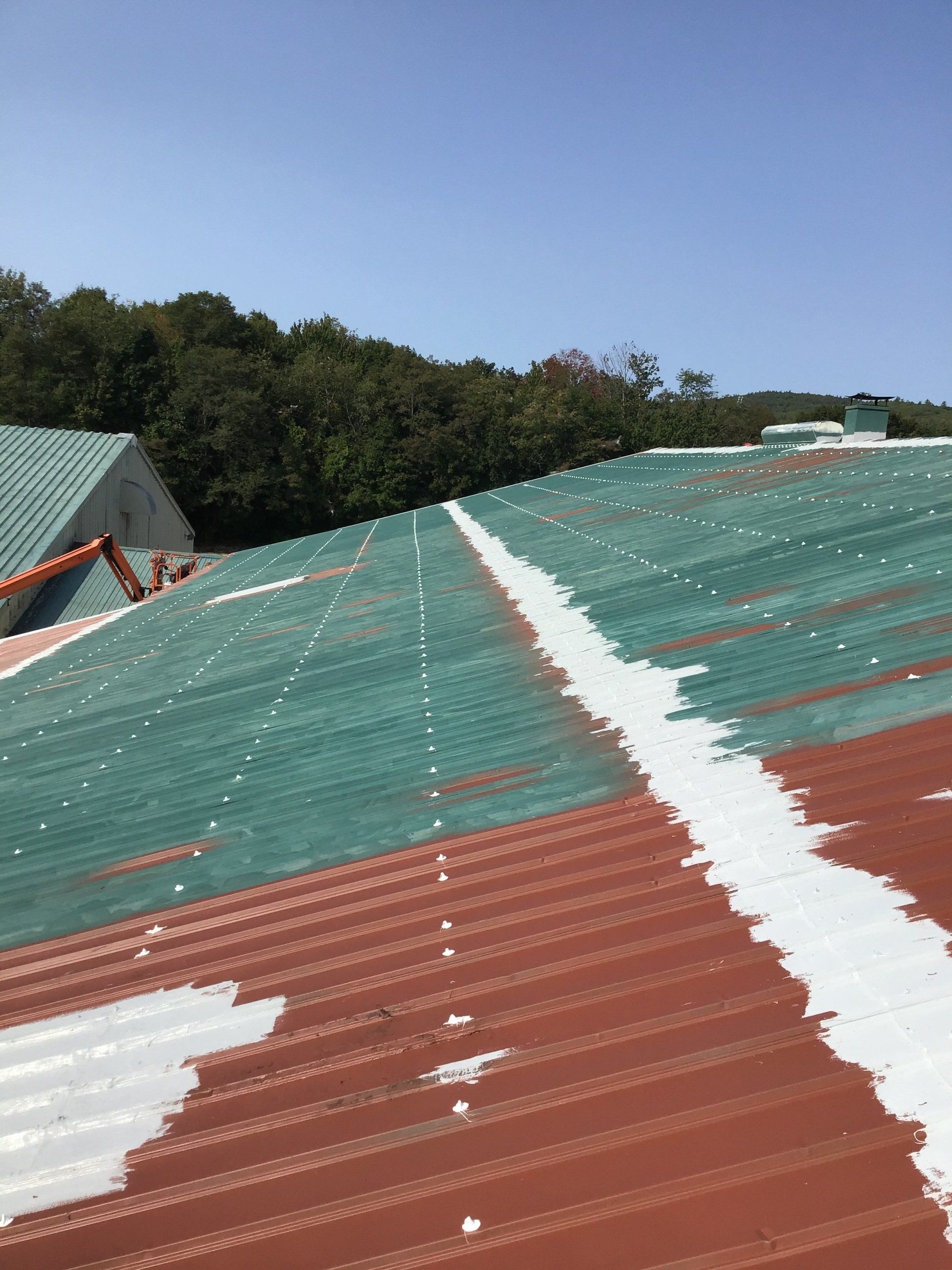 The roof of a building is being painted green and white