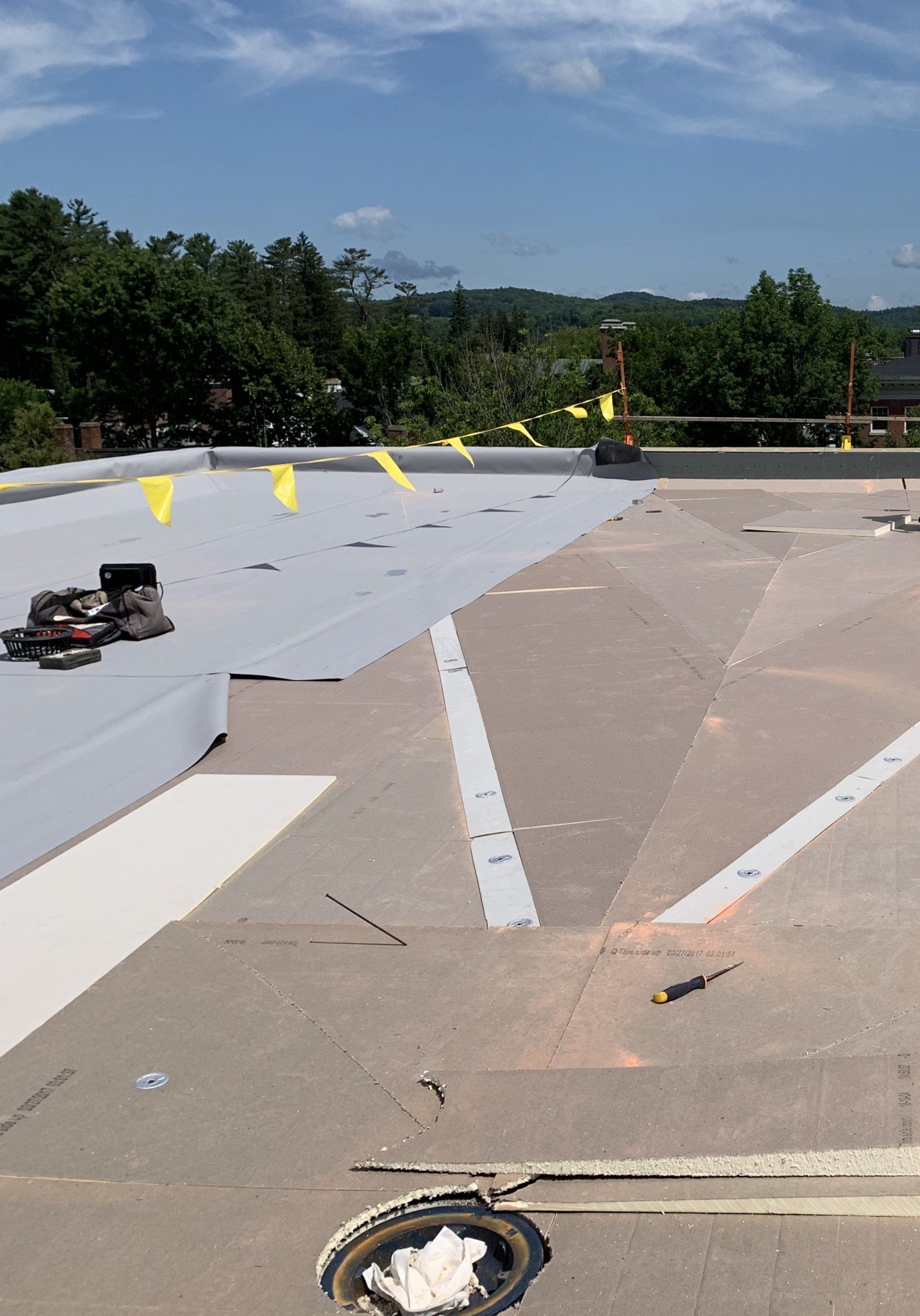A roof is being installed on a building with trees in the background.