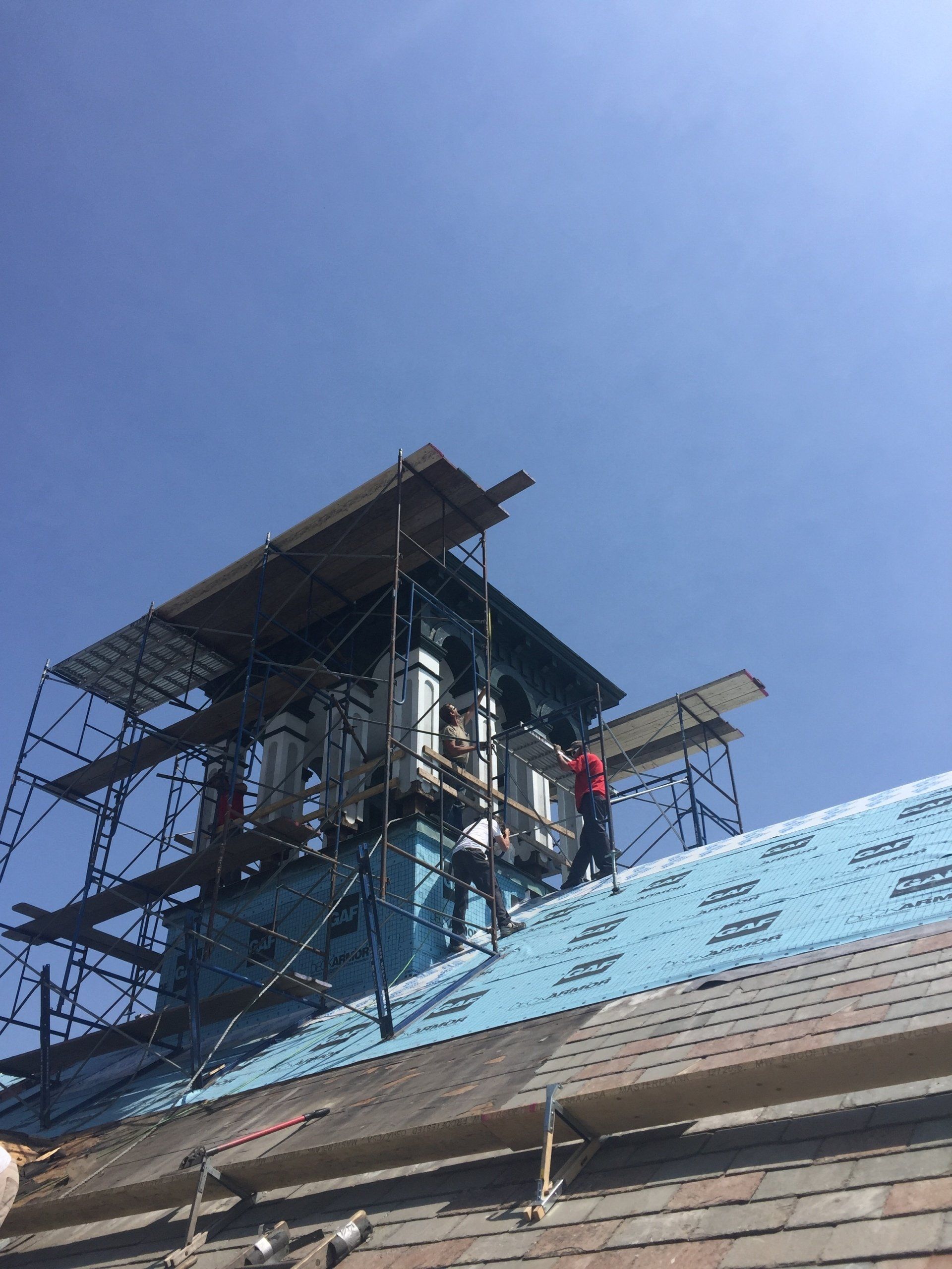 Rodd Roofing stagging set up around the bell tower in preparation of a slate roof