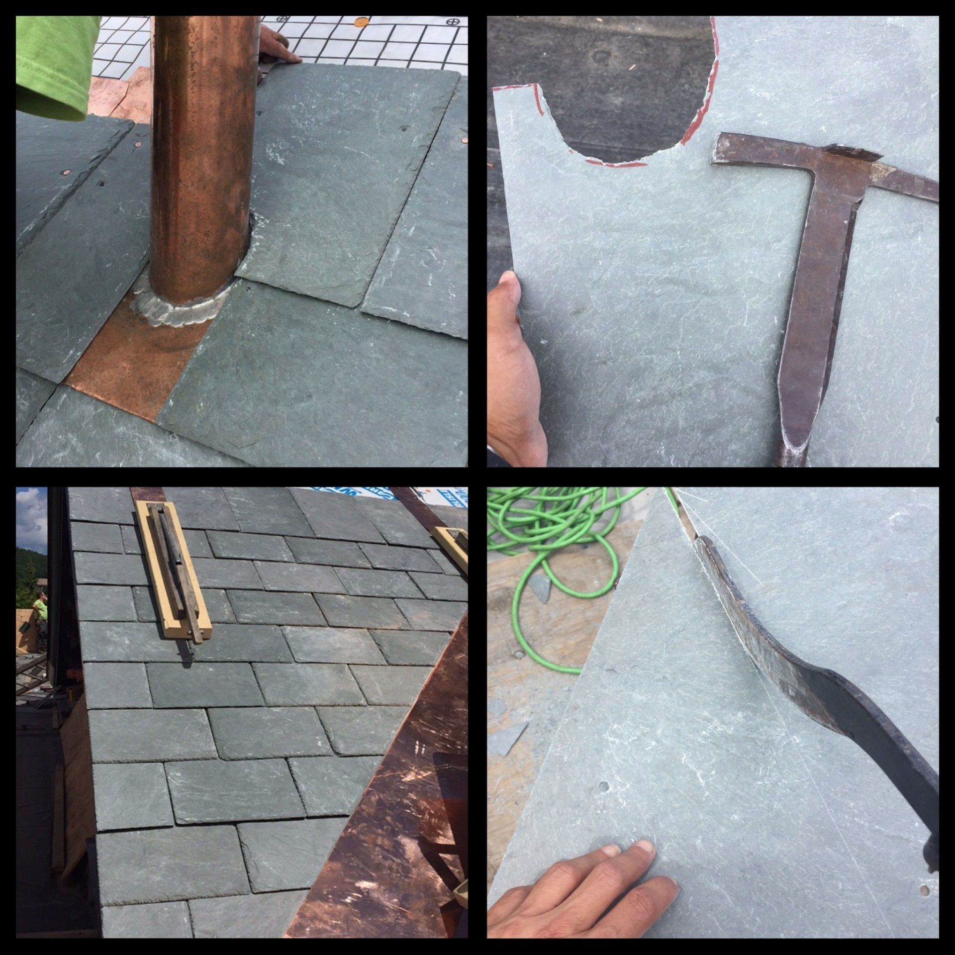 A collage of four pictures of a roof being worked on