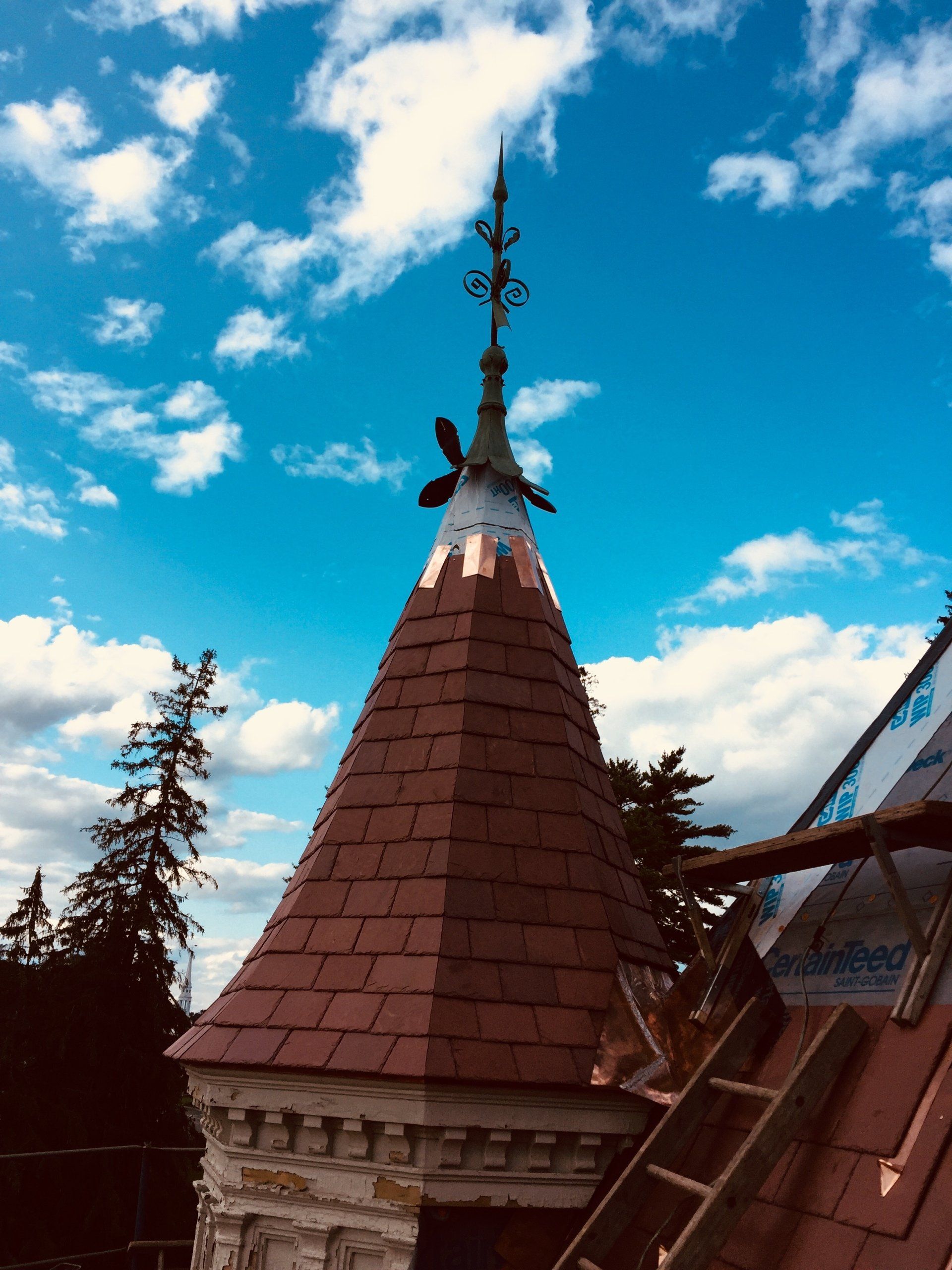 A red roof with a weather vane on top of it